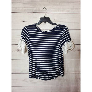 Maurices Womens‎ Blouse Navy White Striped Cutout Tie Back Lace Eyelet Stretch S
